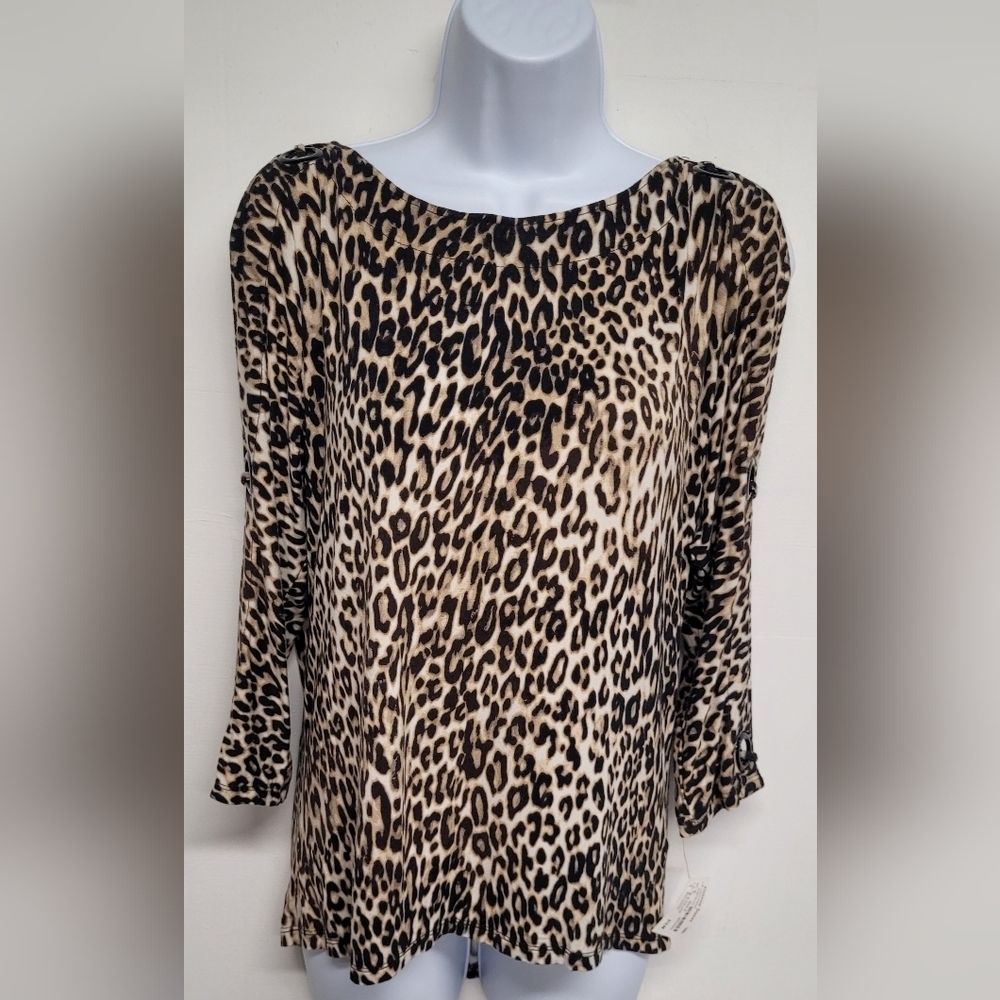 Cable & Gauge Cold Shoulder Stretch Knit Top S Cut Out Grommets 3/4 Sleeve